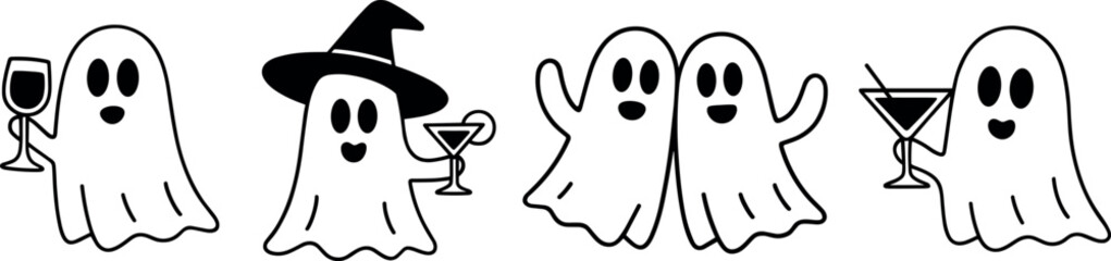 Ghosts drinking cocktail wine drinks outline doodle drawing for spooky girls night Halloween party. Cute sheet ghost witch hat creepy theme black and white aesthetic transparent background clipart.