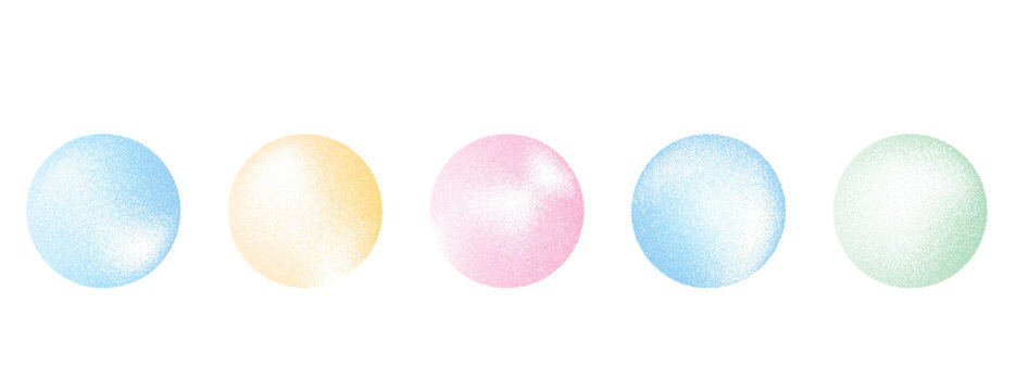 Colorful pastel gradient noise round element set. Opalescent dotwork gradation circles. Pastel pink, blue and green textured shapes. Kids sand diffuse effect callouts. Vector paint spray balls icons.