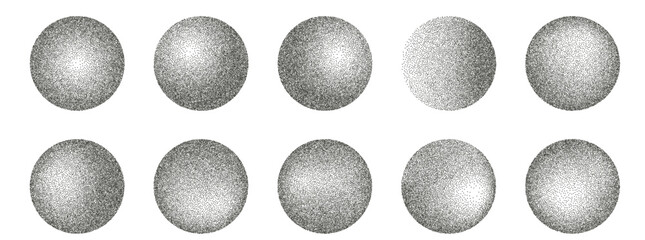 Noise round element set. Grunge dotwork gradient circles. Black shapes of dots texture. Planet sand diffuse effect callouts. Vector ink paint spray orbs icon isolated on transparent background..