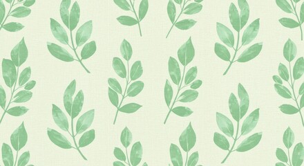 Watercolor Green Leaves Pattern on Textured Cream Background.