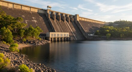 Large concrete dam and calm reservoir water