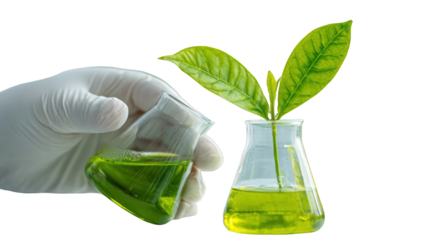 A scientist in a lab coat holds a flask filled with a green liquid while a plant sprout is in another flask