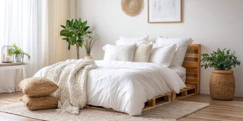 A serene bedroom scene showcases a rustic-chic aesthetic. A wooden platform bed, constructed from a pallet, dominates the foreground, layered with crisp white bedding, 