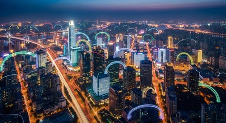 Night aerial cityscape with digital data lines connecting tall buildings. Illuminated urban skyline with network communication arcs. Future smart city technology concept.