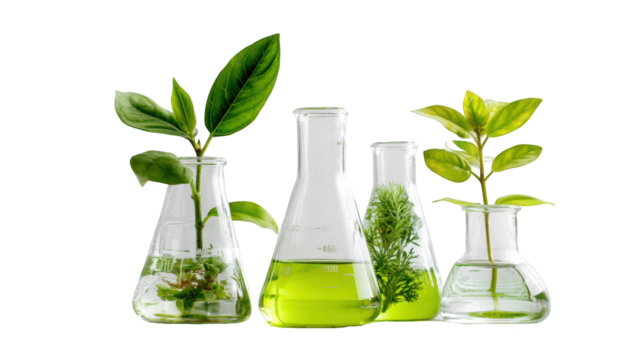 Plants in beakers, science experiment