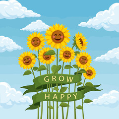 Cheerful Sunflowers with Grow Happy Banner.