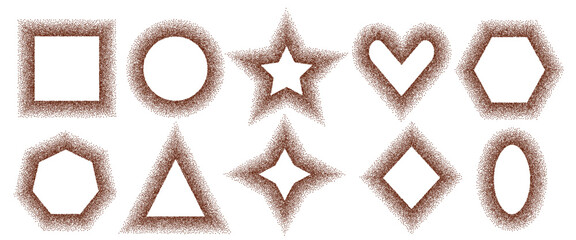 Coffee gradation geometric shapes frames set. Grainy textured chocolate borders in star, heart, oval forms. Ground arabica powder text boxes isolated on white background. Vector graffiti illustration.