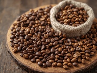 Fototapeta premium Roasted Coffee Beans on a Wooden Board with a Burlap Sack, CloseUp Shot.