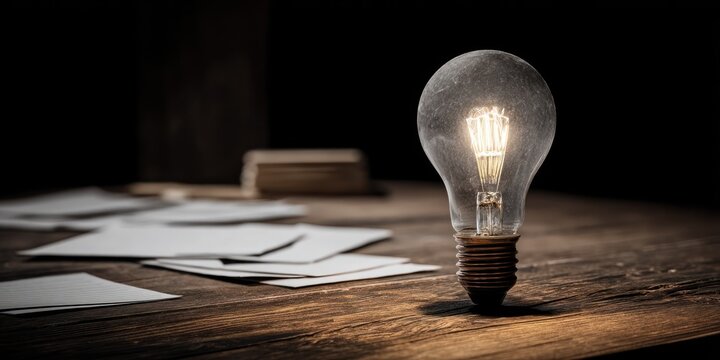 A single, incandescent light bulb illuminates a wooden table in a dimly lit room. The bulb glows warmly, casting a focused beam of light onto a scattering of blank white papers. - Powered by Adobe