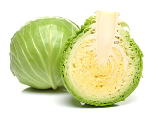 Fresh cabbage sliced revealing its inner layers on a white surface
