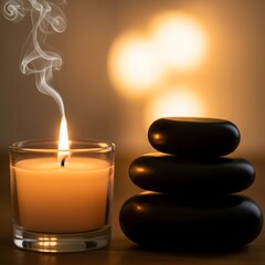 Calming spa scene with a lit candle and stacked smooth dark stones