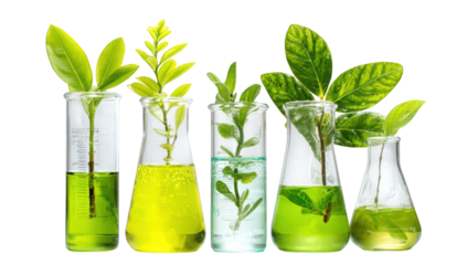 Plants growing in beakers filled with liquid