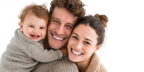 A happy family ? a man, a woman, and a toddler ? smiles warmly at the camera. The man, with tousled brown hair and a beard, embraces the toddler who is wearing a gray sweater and beaming with joy. 