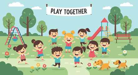 Obraz premium Group of Cheerful Cartoon Children Playing Together in a Park Setting.