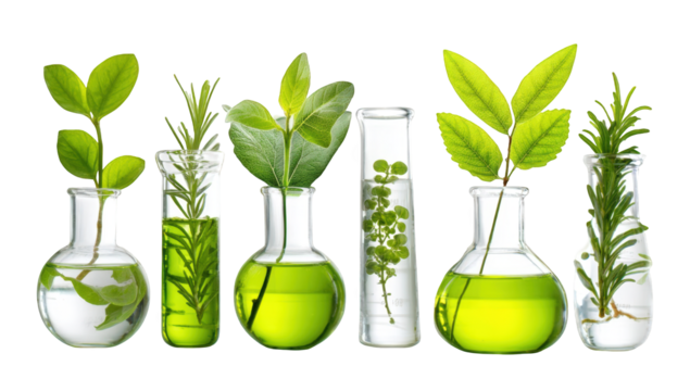 Botanical lab glassware display