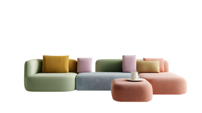 Modular sofa with pillows and ottoman 3d rendered, isolated on transparent background