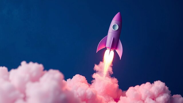 Purple rocket ship launches through pink clouds