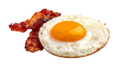 Fried egg with bacon, isolated on white, breakfast, meal, delicious, crispy, golden, sizzling, cooked, protein, morning, tasty, homemade, appetizing, nutritious, plate, simple, classic, traditional, h