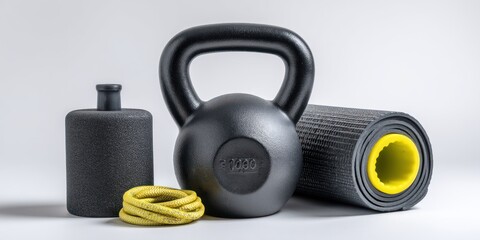 A dark gray kettlebell rests on a white surface, positioned next to a textured foam roller and a coiled yellow rope. 