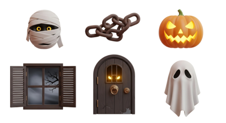 Spooky 3D Halloween Icons Collection Mummy, Jack-o'-Lantern, Ghost, Window, Door, and Chain. Festive design elements for autumn celebrations