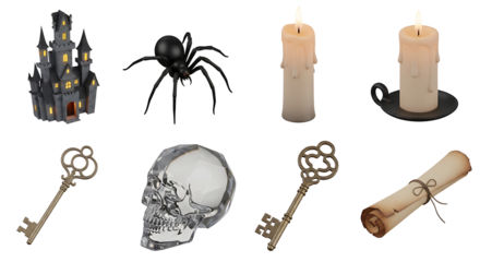 Mysterious Halloween Symbols Spooky Castle, Spider, Candles, Skull, Keys, and Scroll
