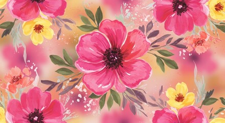 Watercolor Floral Pattern: Pink Yellow and Green Flowers.