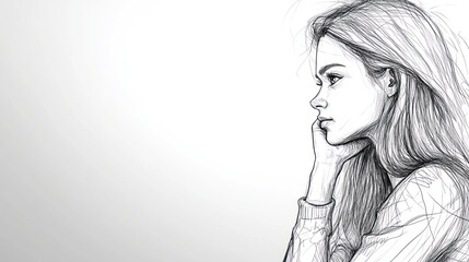 Pencil portrait of a young woman with long, straight hair, resting her chin on her hand and lost in quiet thought. Cartoon style.