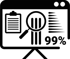 Presentation board showing data analysis with clipboard and magnifying glass and ninety nine percent 99 percent