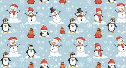 Festive Winter Pattern: Snowmen Penguins and Snowflakes on Blue.
