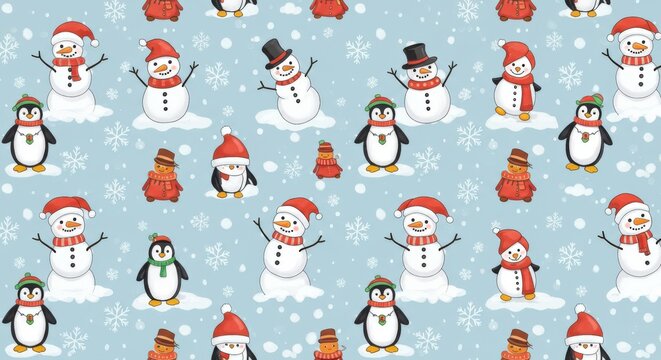 Festive Winter Pattern: Snowmen Penguins and Snowflakes on Blue.
