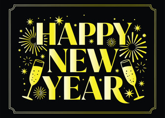 simple Happy New Year  typography vector design with  celebration elements black background .