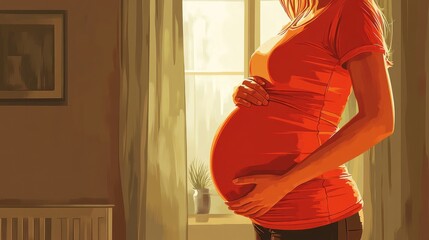A flat design of a pregnant woman standing under soft lights, with her hands gently resting on her rounded belly. Cartoon style.