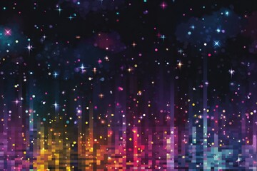 Colorful pixelated cityscape with starry night sky