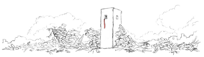 Pencil drawing. The Fall of the Walls of Jericho