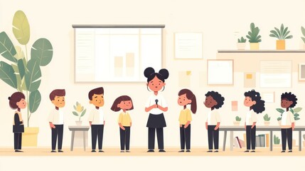 A flat design of a scene with several people in a room, where a girl is addressing them by speaking into a microphone. Cartoon style.