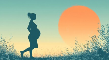 A pregnant girl in flat design walking along a simple path, her silhouette clearly showing her rounded belly. cartoon style