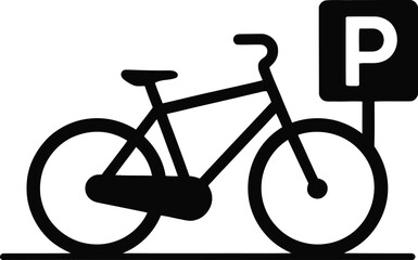 A black and white sign depicting a bicycle parked next to a parking symbol with the letter p on it