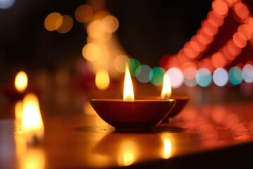 Diwali diyas with bokeh lights 