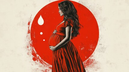 A minimalist image of a pregnant woman in a dress, with a white and red icon in the form of a drop on a plain background. cartoon style.