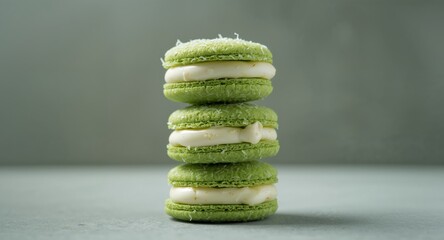Stack of Green Coconut Macarons with Cream Filling A Delightful Dessert Treat.