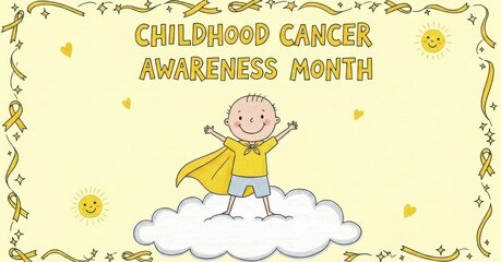 Smiling child superhero with yellow cape standing on a cloud, symbolizing hope and strength for Childhood Cancer Awareness Month in September