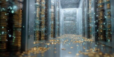 A dramatic, digitally rendered image depicts a long, dark corridor within a massive server farm. Rows upon rows of towering server racks dominate the scene, filled with blinking lights and a subtle, 