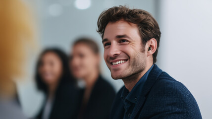 Smiling business professional with hearing device, brown hair, blue suit, sitting in office meeting, confident and positive atmosphere