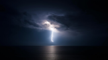 Lightning storm ocean night dramatic sky cloud reflection dark weather dramatic lightning bolt illuminates night sky over ocean reflecting water