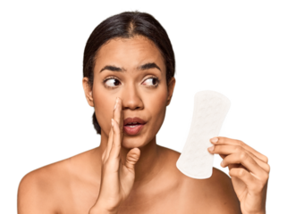 Filipino woman with sanitary pad in studio is saying a secret hot braking news and looking aside