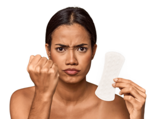 Filipino woman with sanitary pad in studio showing fist to camera, aggressive facial expression.
