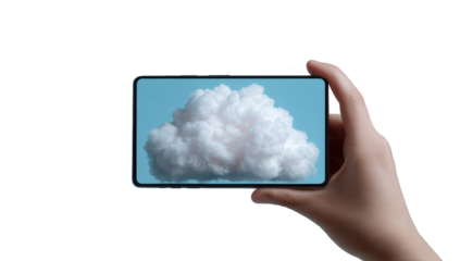 A hand holds a smartphone displaying a cloud