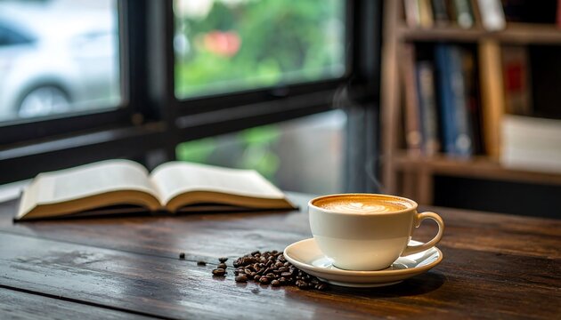 Latte, open book, and coffee beans on a wooden table in a cafe