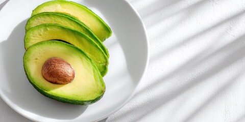 A white plate displays three slices of avocado, showcasing the creamy flesh and the dark pit. The avocado slices are arranged in a slightly overlapping stack, illuminated by strong, 