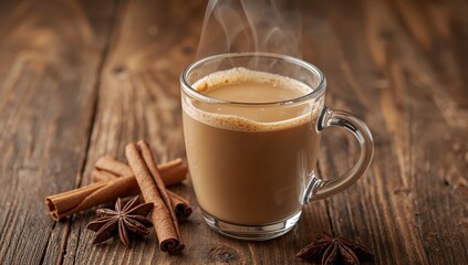 Steaming Mug of Chai Tea with Cinnamon Sticks and Star Anise on Wood Table.